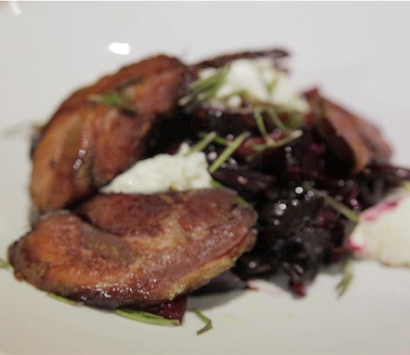 Batzaria with siglino pancetta with roasted beets and goat cheese