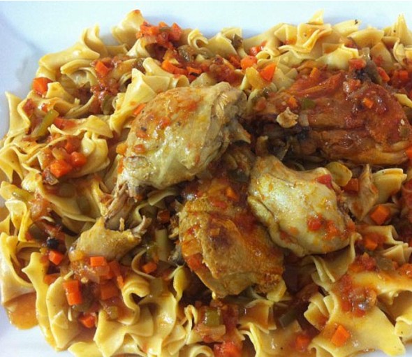 Braised rooster with egg noodles