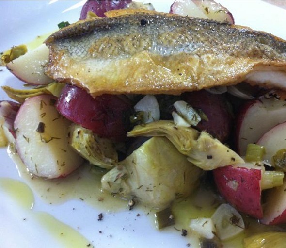 Seabass with baby red potatoes and artichokes