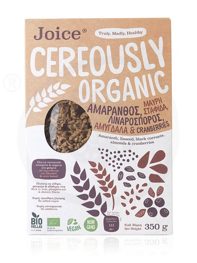 Βιολογικά δημητριακά με αμάρανθο, σταφίδα, λιναρόσπορο, αμύγδαλα & cranberries «Cereously Organic» "Joice Foods" 350g