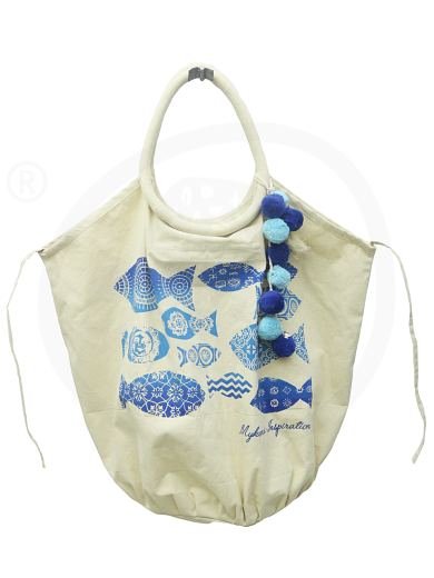 Beach tote bag "Mykonos Inspiration" with pom pom 68x58cm