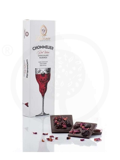 Chommelier Red Wine dark chocolate with sour cherry and rose petals, from Thessaloniki "Laurence" 100g
