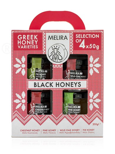Gift set «Black Honeys» with honey varieties, from Attica "Melira" 4x50g