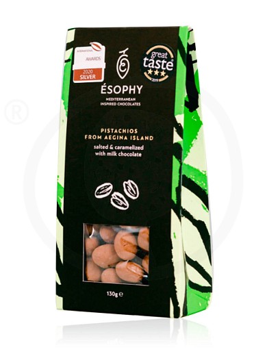 Salted & caramelized pistachios from Aegina island with milk chocolate "Ésophy" 130g