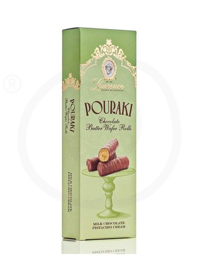 Wafer roll with milk chocolate and pistachio cream filling «Pouraki», from Thessaloniki "Laurence" 110g