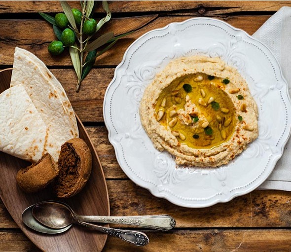 Hummus with Pine Nuts, Marjoram and Gaea Fresh Extra Virgin Olive Oil 