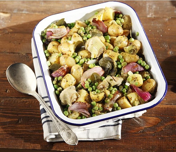 Warm potato salad with caper leaves and mustard sauce