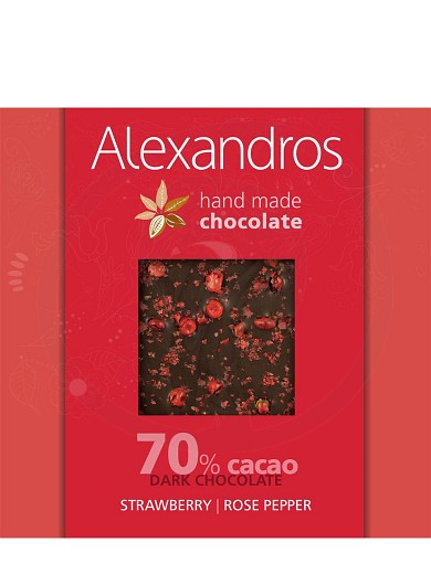 Handgemachte dunkle Schokolade mit Erdbeer und Pfeffer aus Attika "Alexandros" 90g 