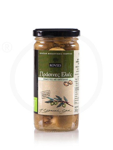 Mit Mandeln gefüllte grüne Bio - Oliven aus Euböa "Rovies" 240g