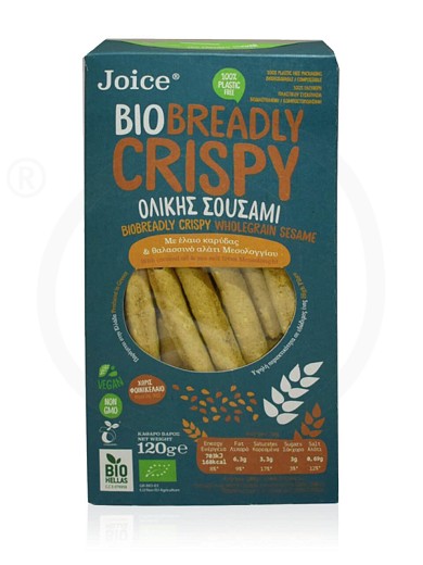 Organic wholegrain breadsticks with sesame, coconut oil & sea salt, from Thessaloniki «BioBreadly Crispy» "Joice Foods" 120g