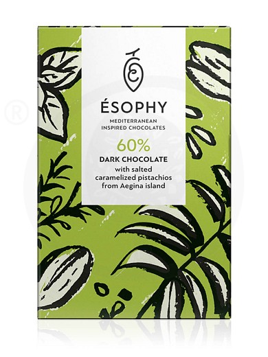 Dark chocolate with salted caramelized pistachios from Aegina island "Ésophy" 50g