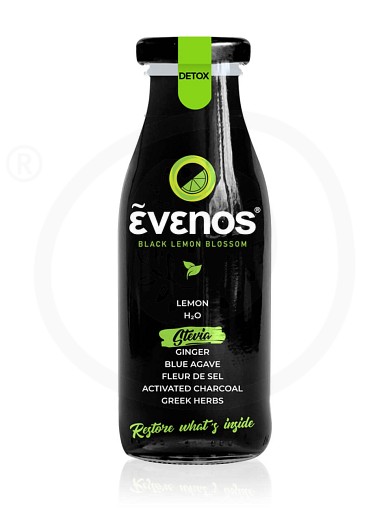 Βιολογική μαύρη λεμονάδα με ενεργό άνθρακα, αγαύη, τζίντζερ, βότανα & στέβια "Evenos" 250ml