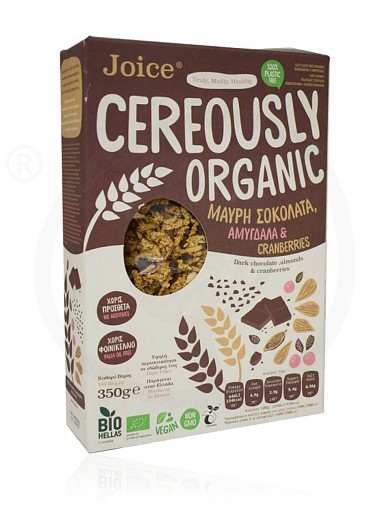 Βιολογικά δημητριακά με μαύρη σοκολάτα, αμύγδαλα & cranberries «Cereously Healthy» "Joice Foods" 350g