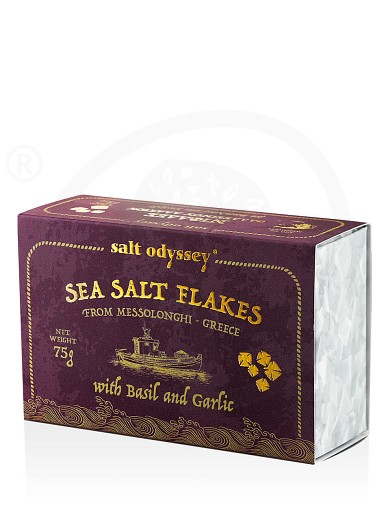 Νιφάδες θαλασσινού αλατιού με βασιλικό & σκόρδο, Μεσολογγίου "Salt Odyssey" 75g
